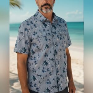 IZOD SaltWater - Blue Button Down, Short Sleeve Shirt, Fishing Theme Print, XXL